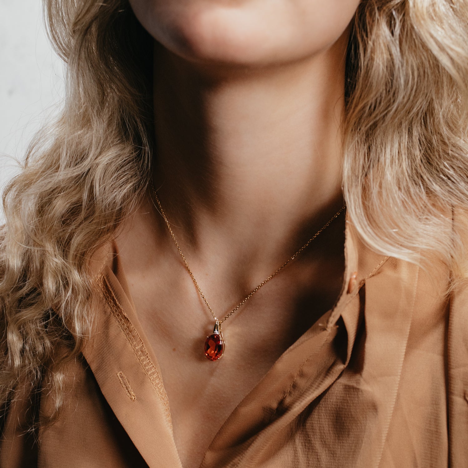 14K Yellow Gold Orange Lab Sapphire Pendant Necklace