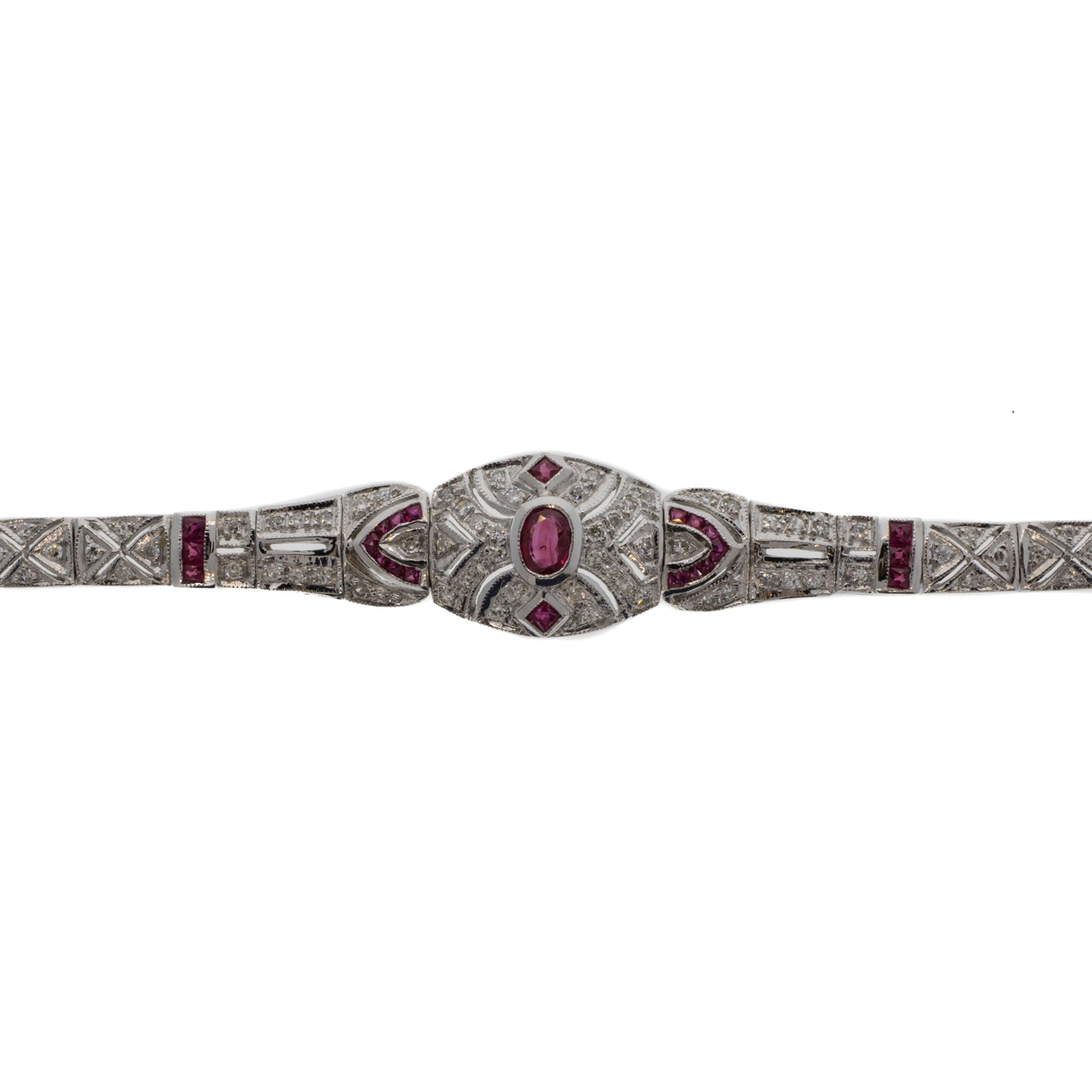 Ruby and Diamond Art Deco Style 14K White Gold Bracelet