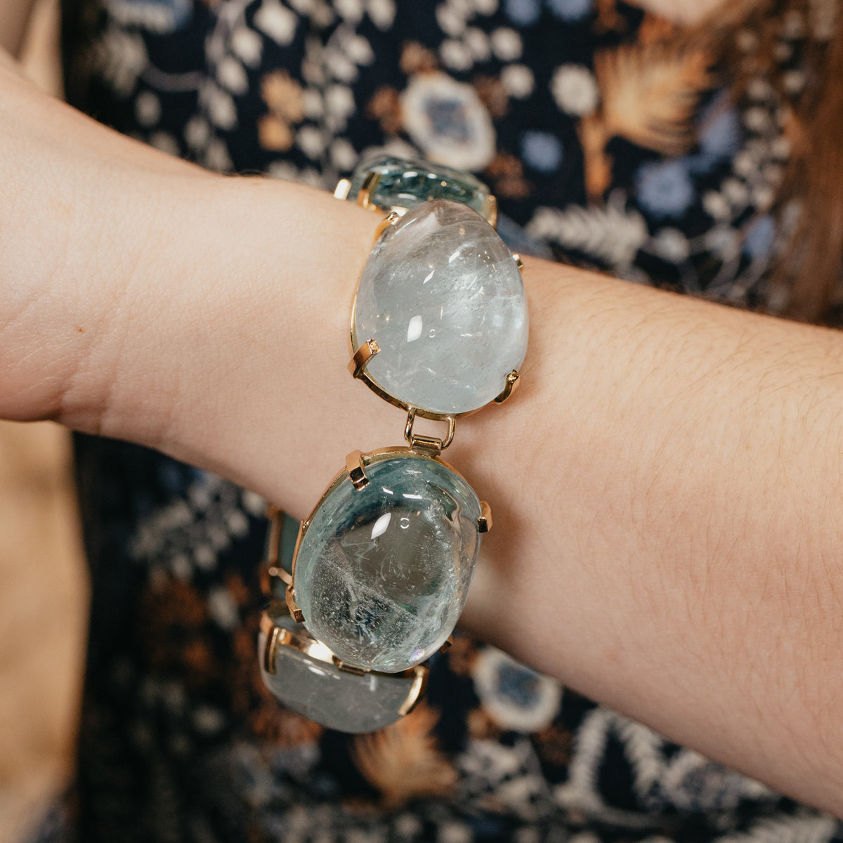 323ctw Cabochon Cut Aquamarine Bracelet 14K Yellow Gold