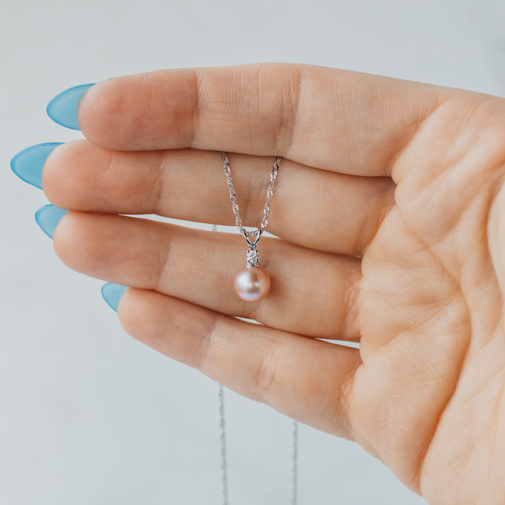 14K White Gold Diamond Accented Pink Pearl Necklace