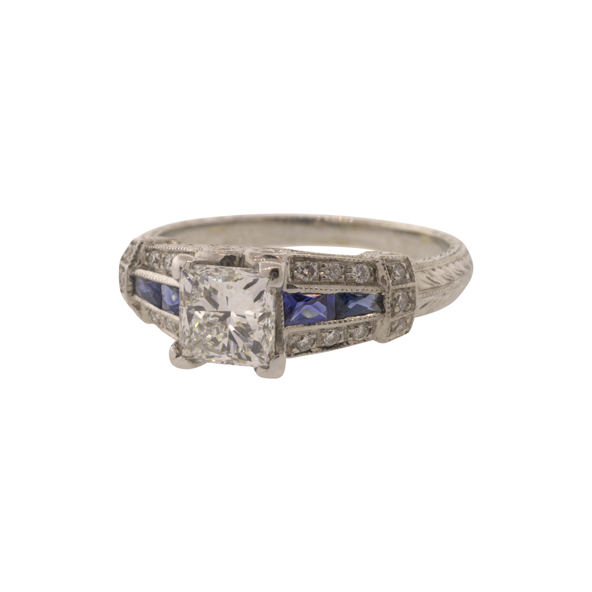 18K White Gold Princess Cut Diamond & Sapphire Ring