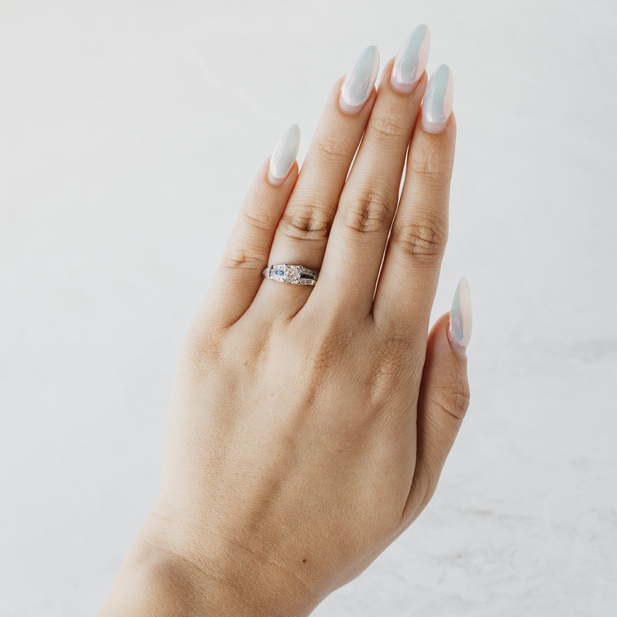 18K White Gold Princess Cut Diamond & Sapphire Ring