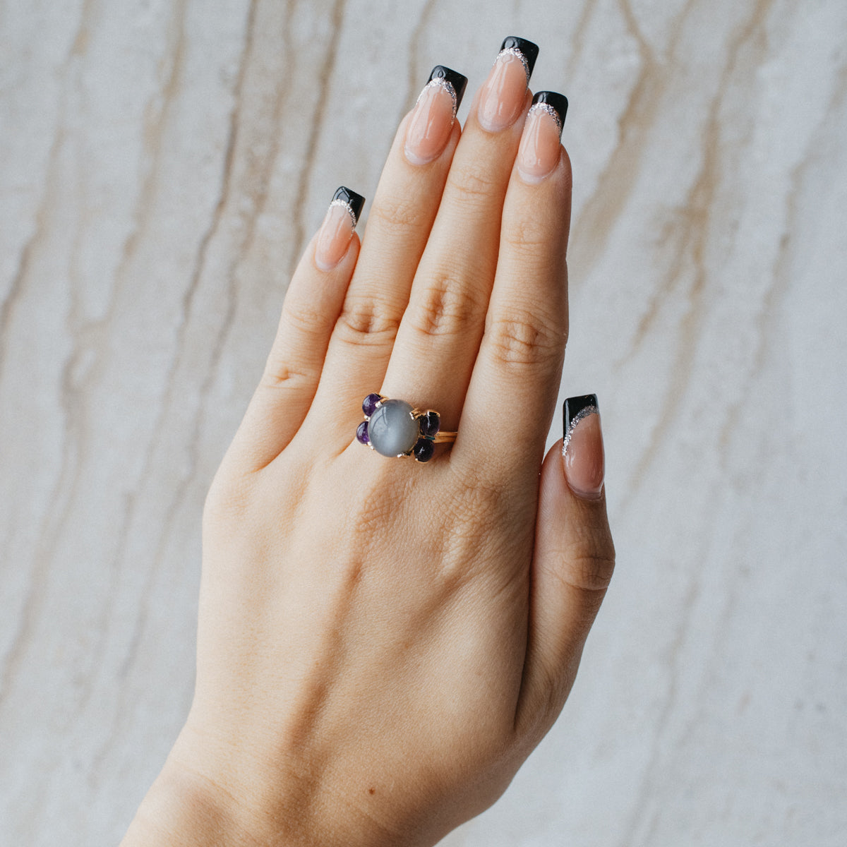 10K Yellow Gold Cat's-Eye Moonstone & Amethyst Ring