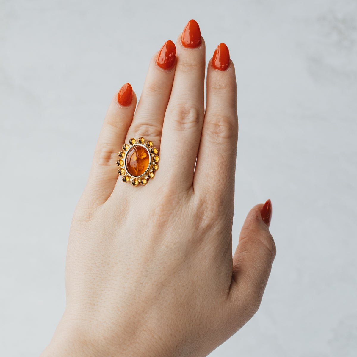 14K Yellow Gold Floral Carved Amber Ring