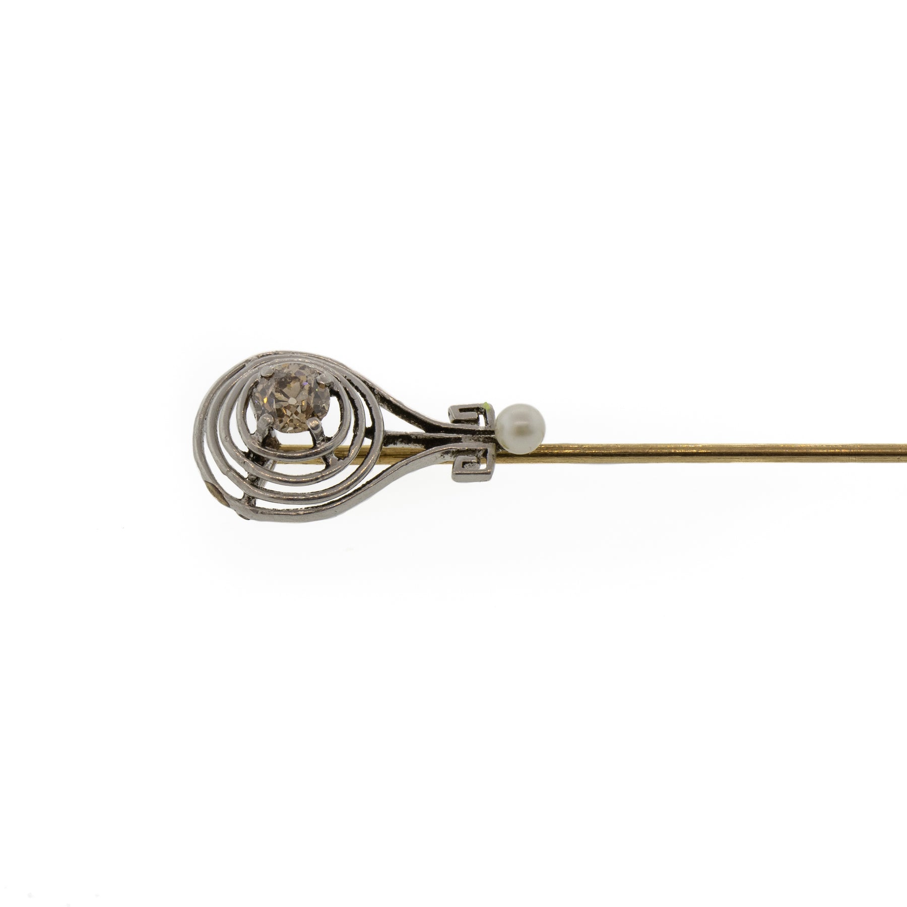 Old European Cut Champagne Diamond & Pearl Stick Pin