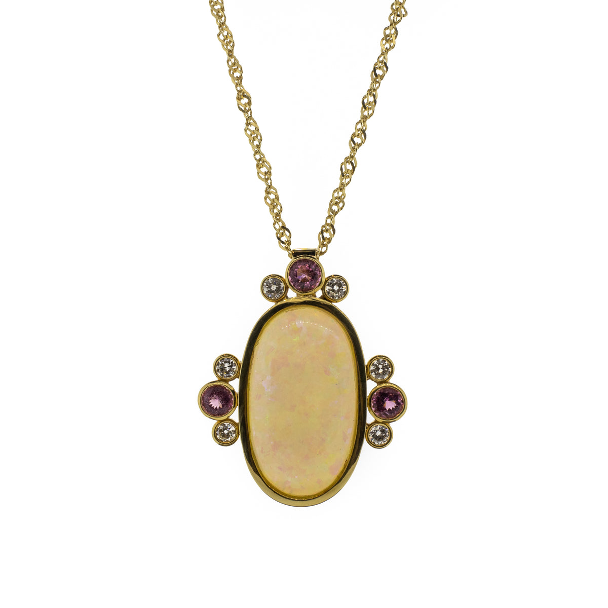 11.03ct Opal, Pink Tourmaline & Diamond Pendant 18K Yellow Gold Necklace
