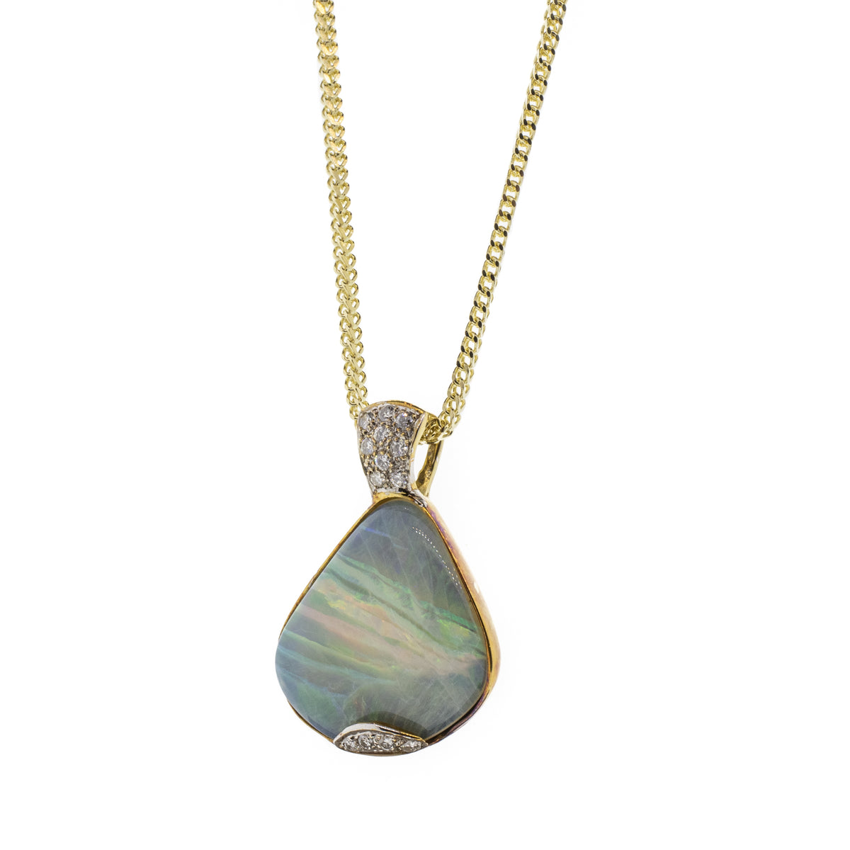 14K Yellow Gold Grey Opal and Diamond Pendant Necklace