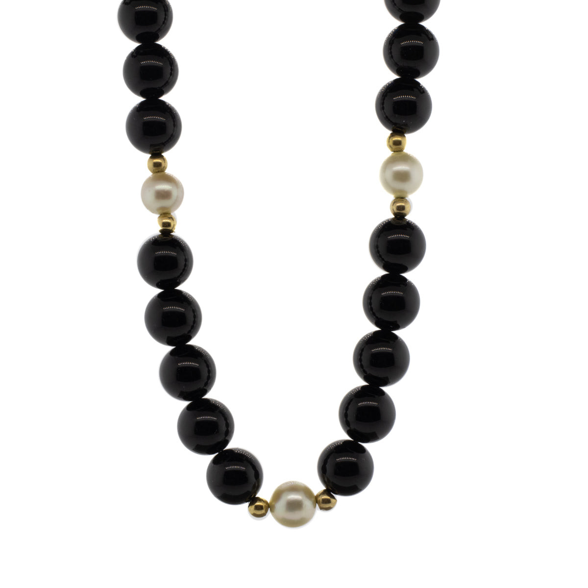 -Onyx, Akoya Pearl, and Gold Bead Necklace