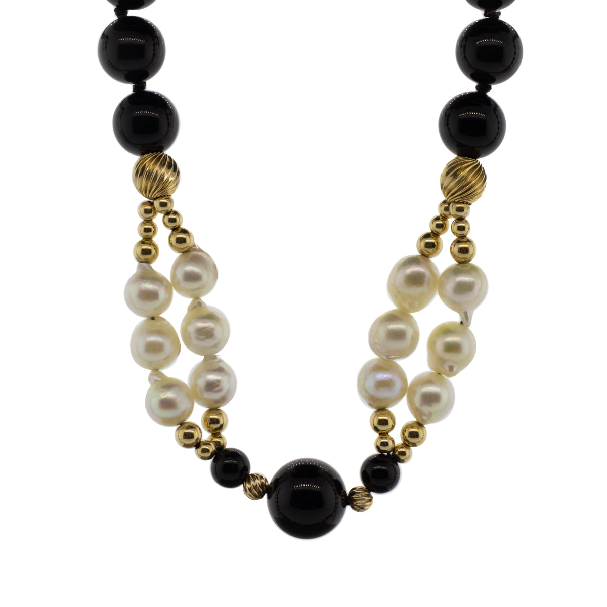 -Onyx, Akoya Pearl and Gold Bead Necklace