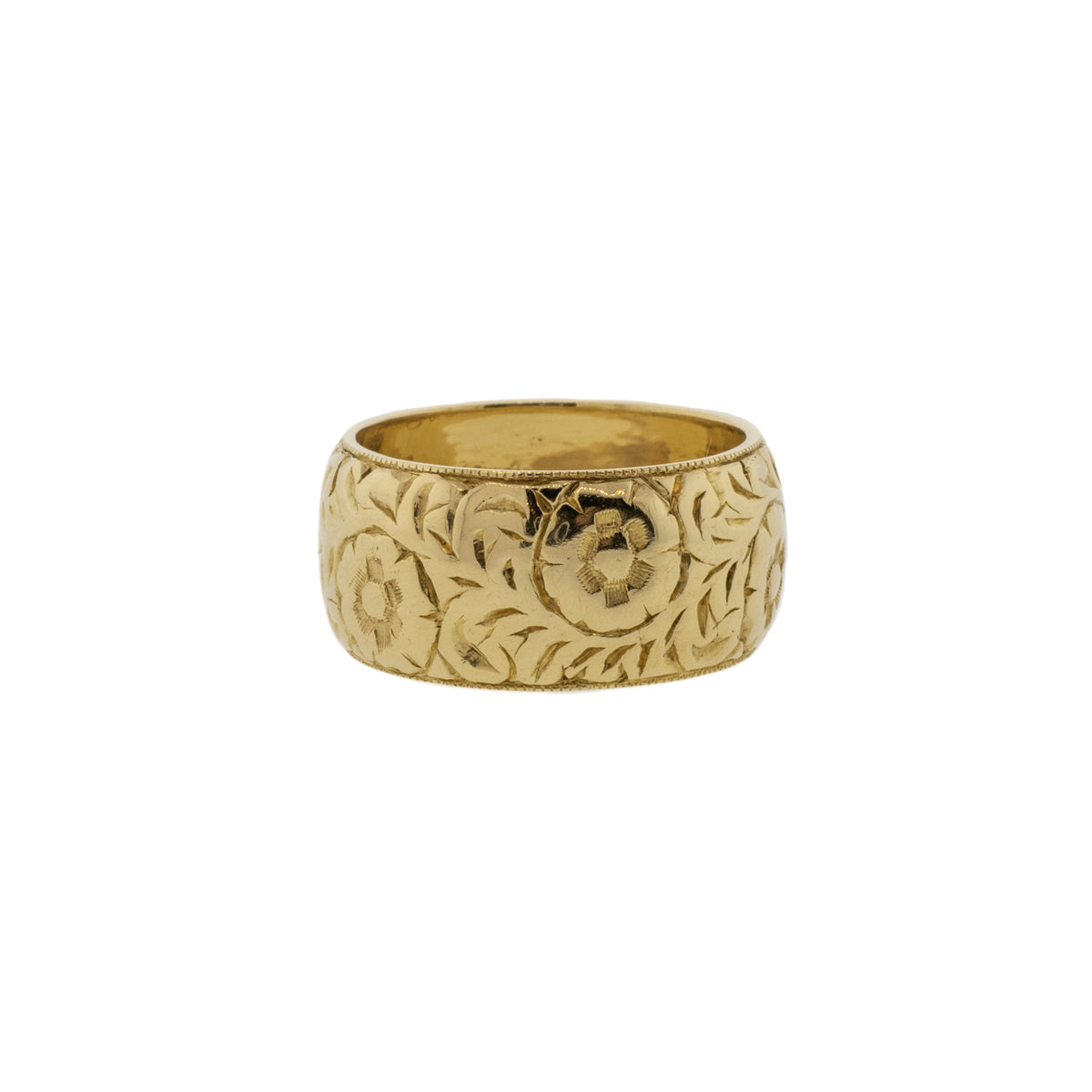 Hand Carved Floral & Milgrain Band