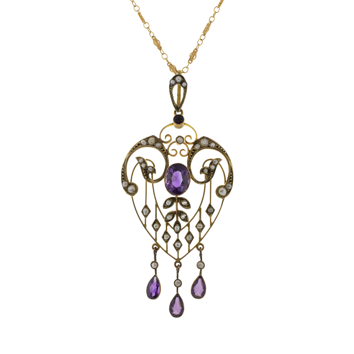 Edwardian Art Nouveau Pearl and Amethyst Pendant