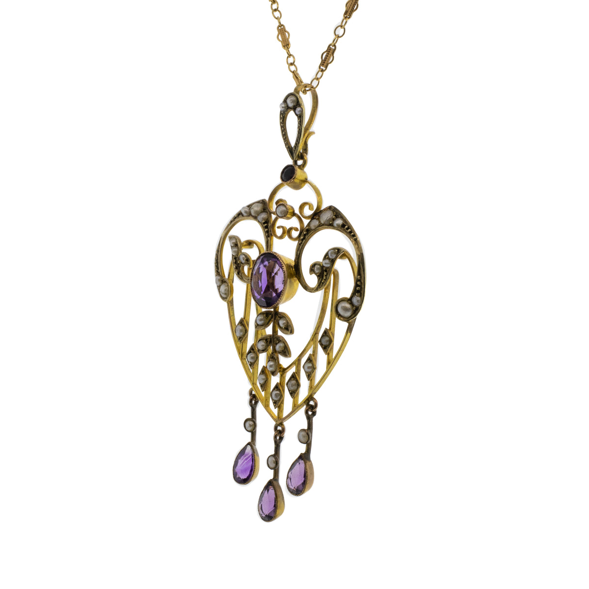 Edwardian Art Nouveau Pearl and Amethyst Pendant