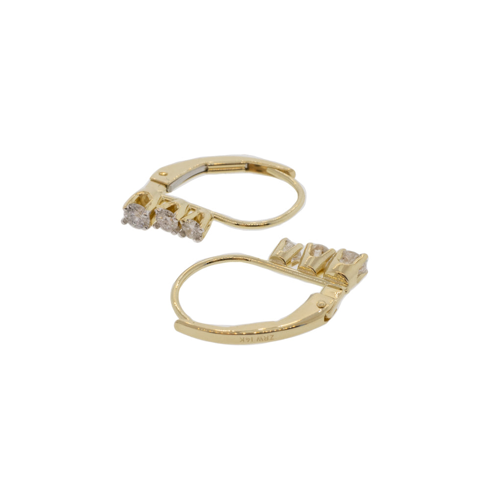 14K Yellow Gold Stacked Three Stone Diamond Leverback Earrings