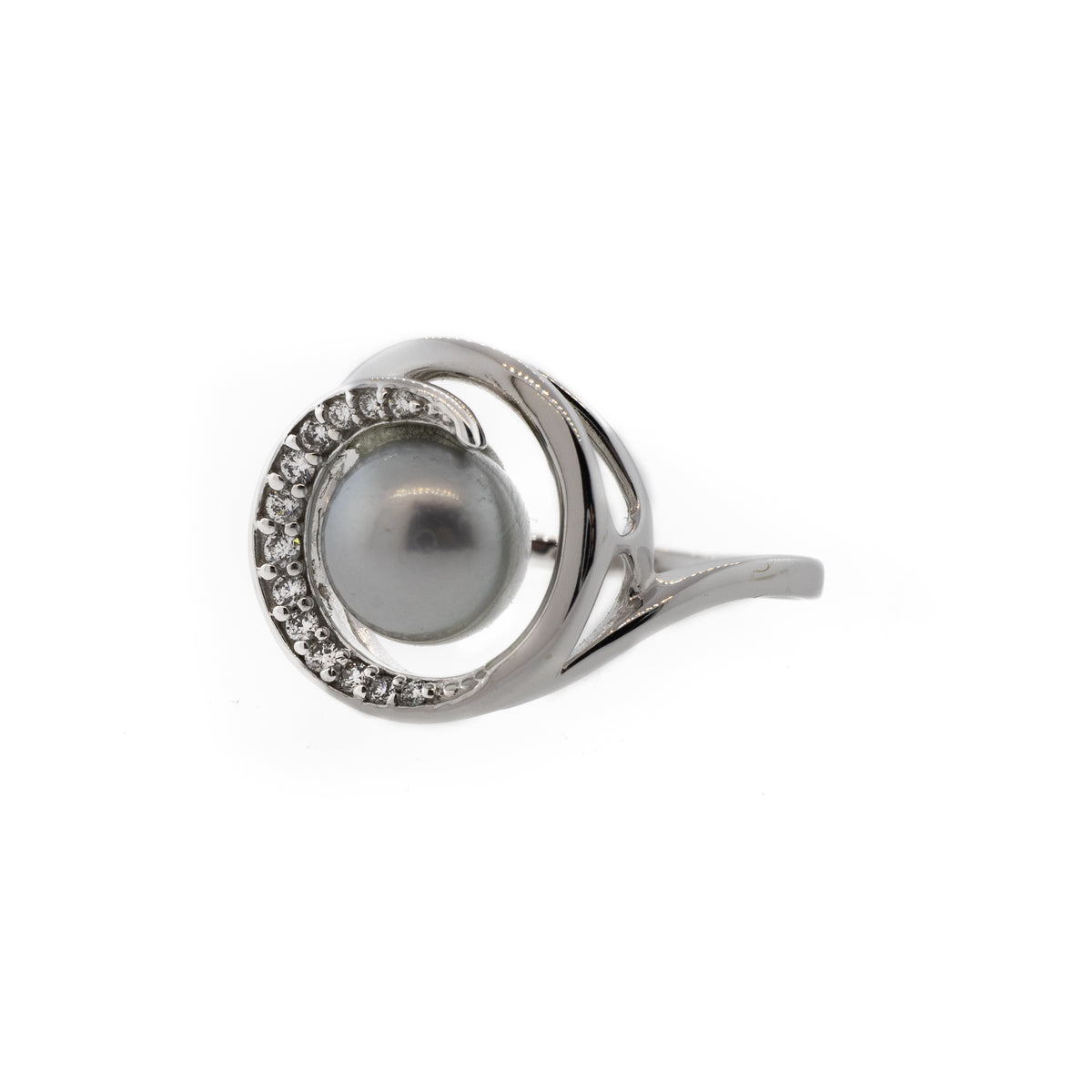 Akoya Pearl & Diamond Swirl White Gold Ring