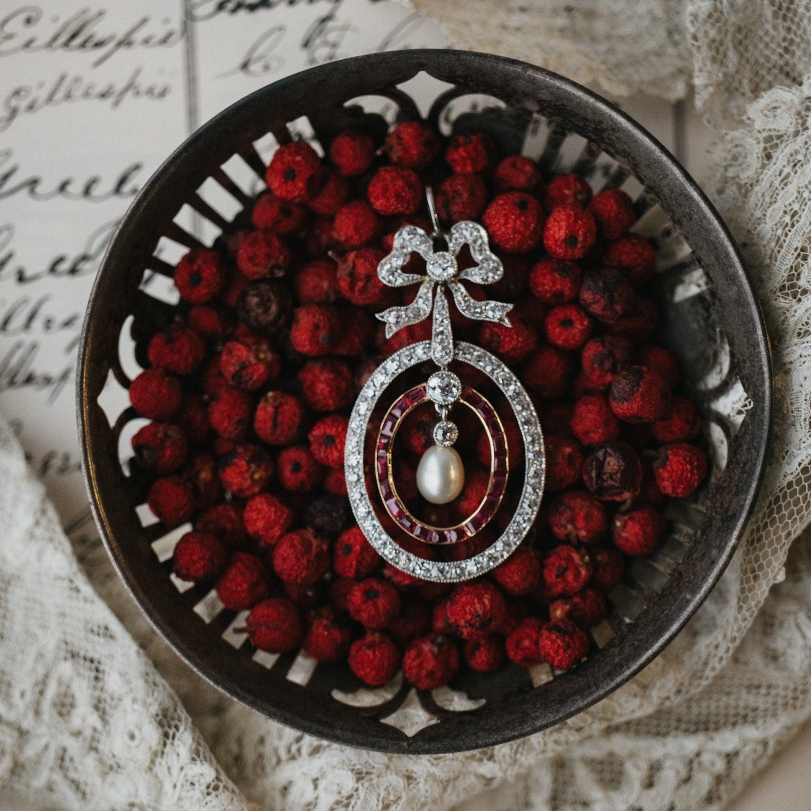 La Belle Epoque Pearl & Ruby Platinum Overlaid Yellow Gold Necklace