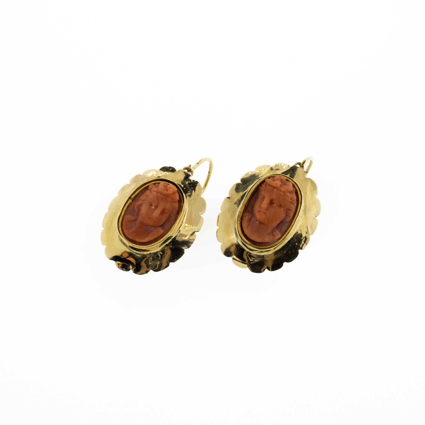 Antique Croatian Coral Cameo Dangle Hook Earrings
