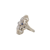 Art Deco Navette Old European Cut Diamond & Synthetic Sapphire Platinum Ring