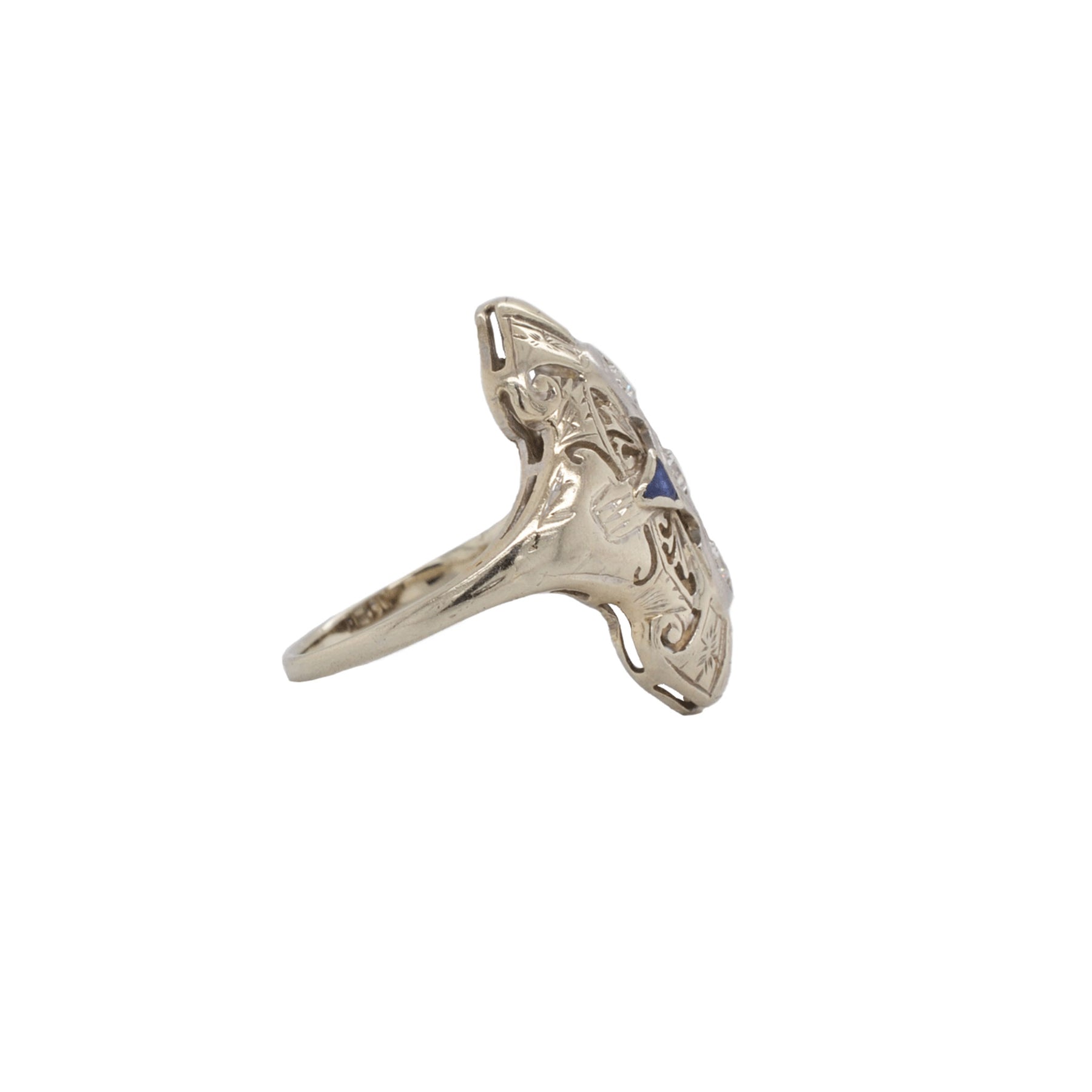 Art Deco Navette Old European Cut Diamond & Synthetic Sapphire Platinum Ring