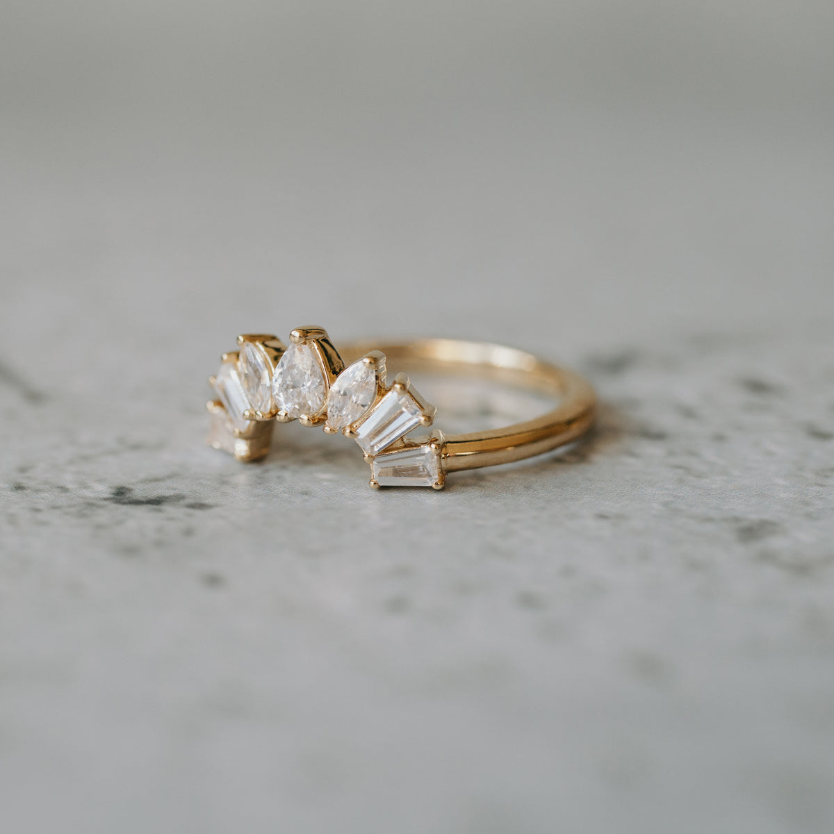 14K Yellow Gold Pear And Marquise Cut Diamond Halo Contour Wedding Band